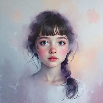 The primary subject of the image is a young girl with a ponytail. She is wearing a white shirt and has a pink nose. The setting is a painting, and the visual style is a watercolor painting. The colors and mood of the painting are predominantly pink and purple, creating a soft and delicate atmosphere.